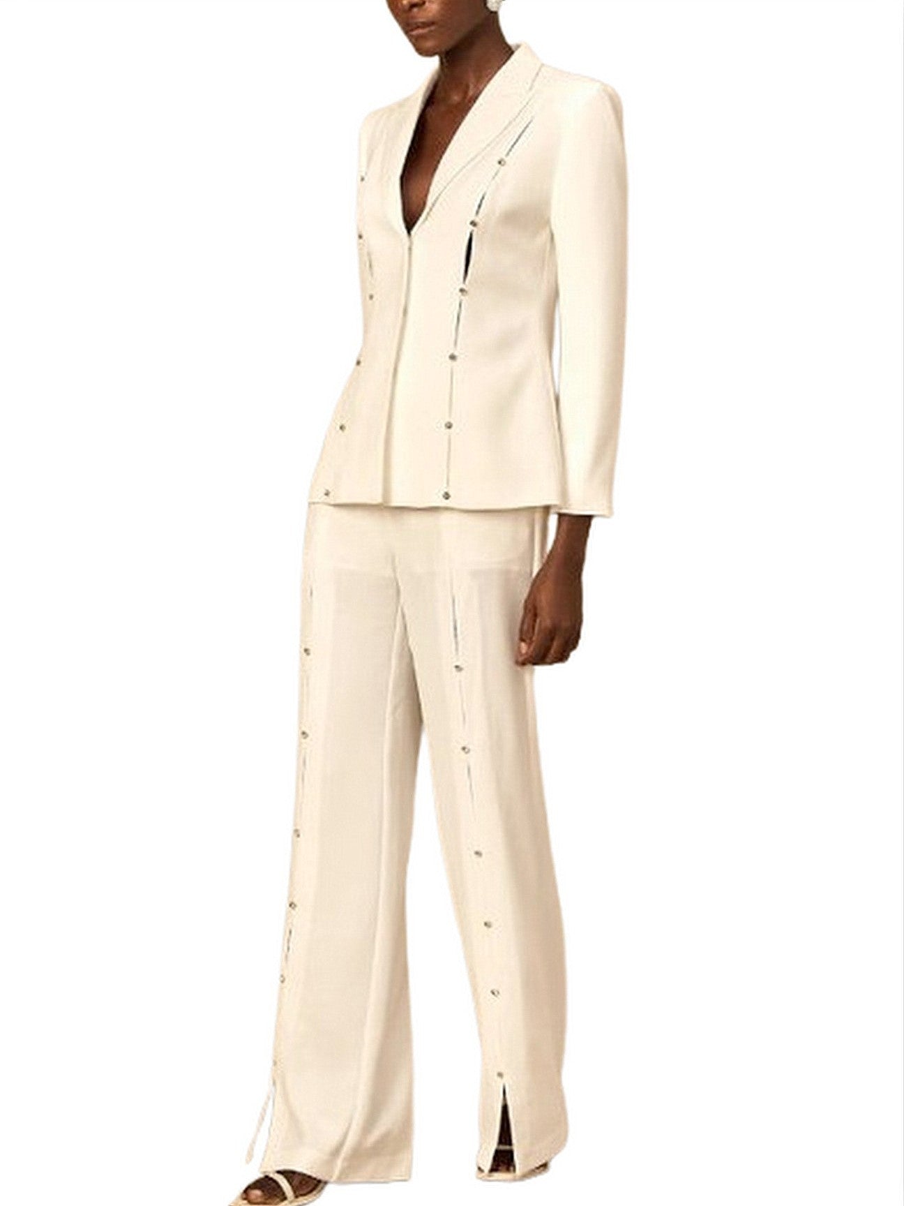 Rhinestone Stud-Embellished White Blazer and Pant Set - Suits & Sets