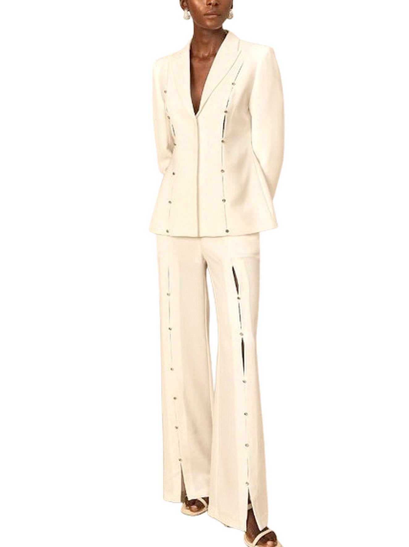 Rhinestone Stud-Embellished White Blazer and Pant Set - Suits & Sets