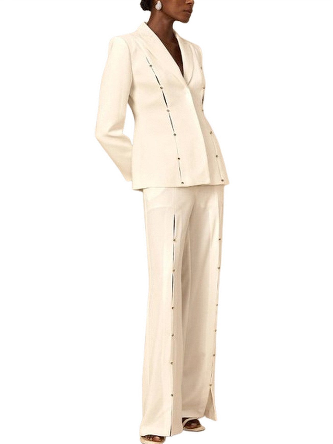 Rhinestone Stud-Embellished White Blazer and Pant Set - Suits & Sets