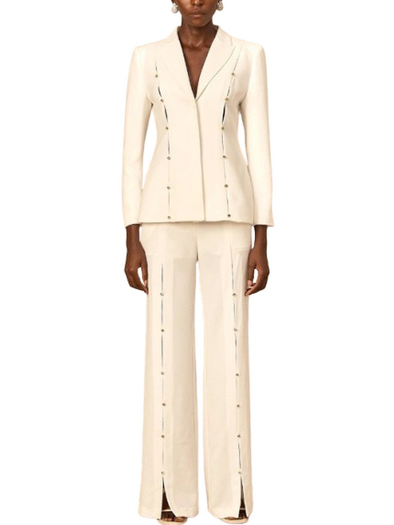 Rhinestone Stud-Embellished White Blazer and Pant Set - Suits & Sets