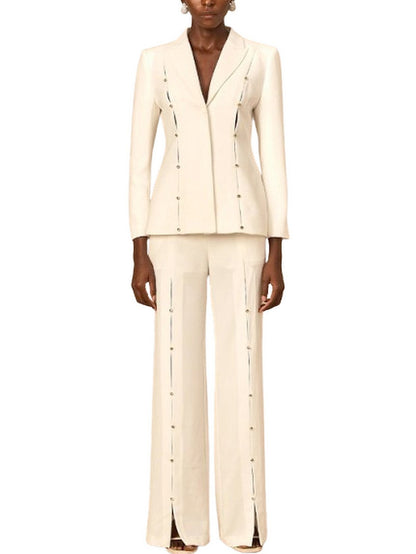 Rhinestone Stud-Embellished White Blazer and Pant Set - Suits & Sets