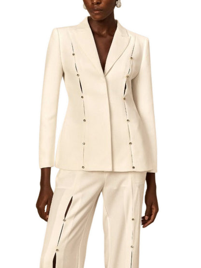 Rhinestone Stud-Embellished White Blazer and Pant Set - Suits & Sets