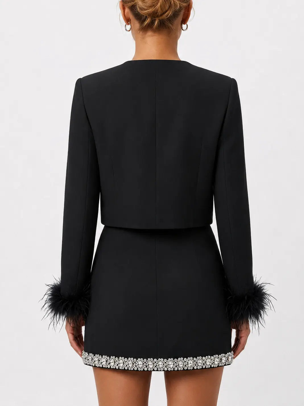 Rhinestone and Feather Trimmed Jacket and Skirt Set - Suits & Sets