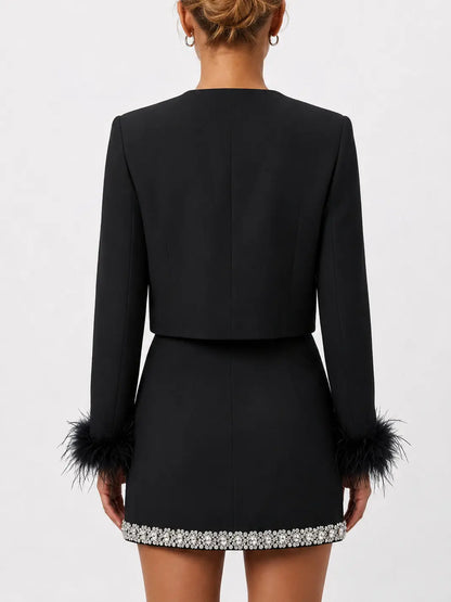 Rhinestone and Feather Trimmed Jacket and Skirt Set - Suits & Sets