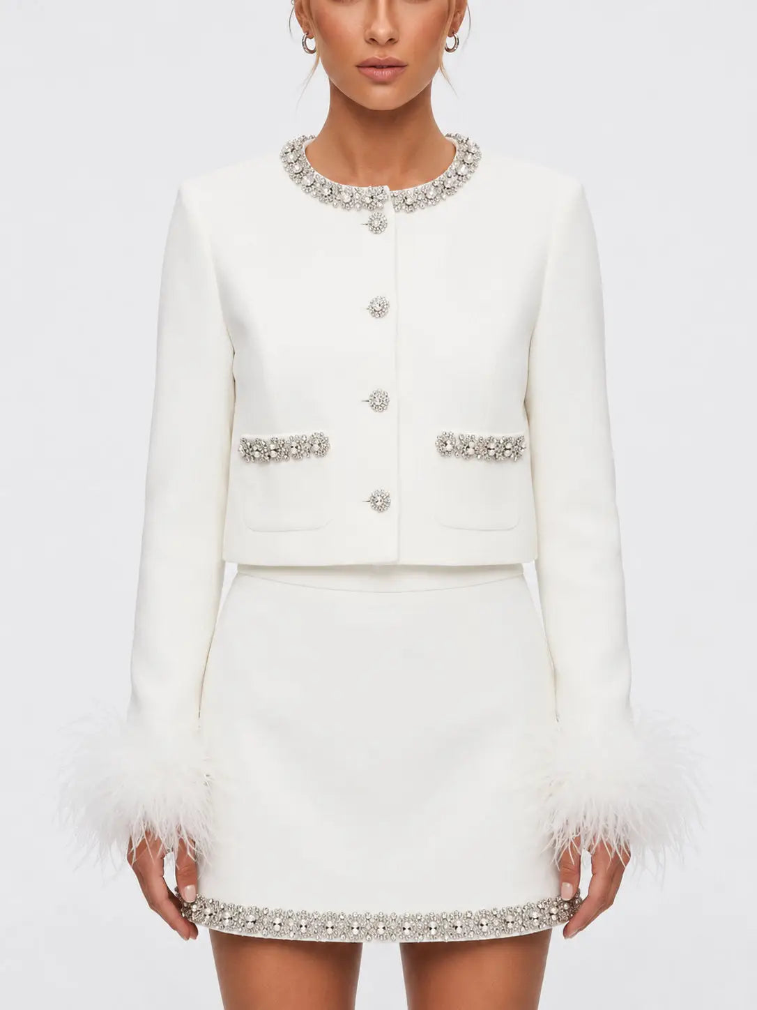 Rhinestone and Feather Trimmed Jacket and Skirt Set - Small / White - Suits & Sets