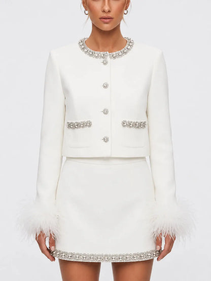 Rhinestone and Feather Trimmed Jacket and Skirt Set - Small / White - Suits & Sets