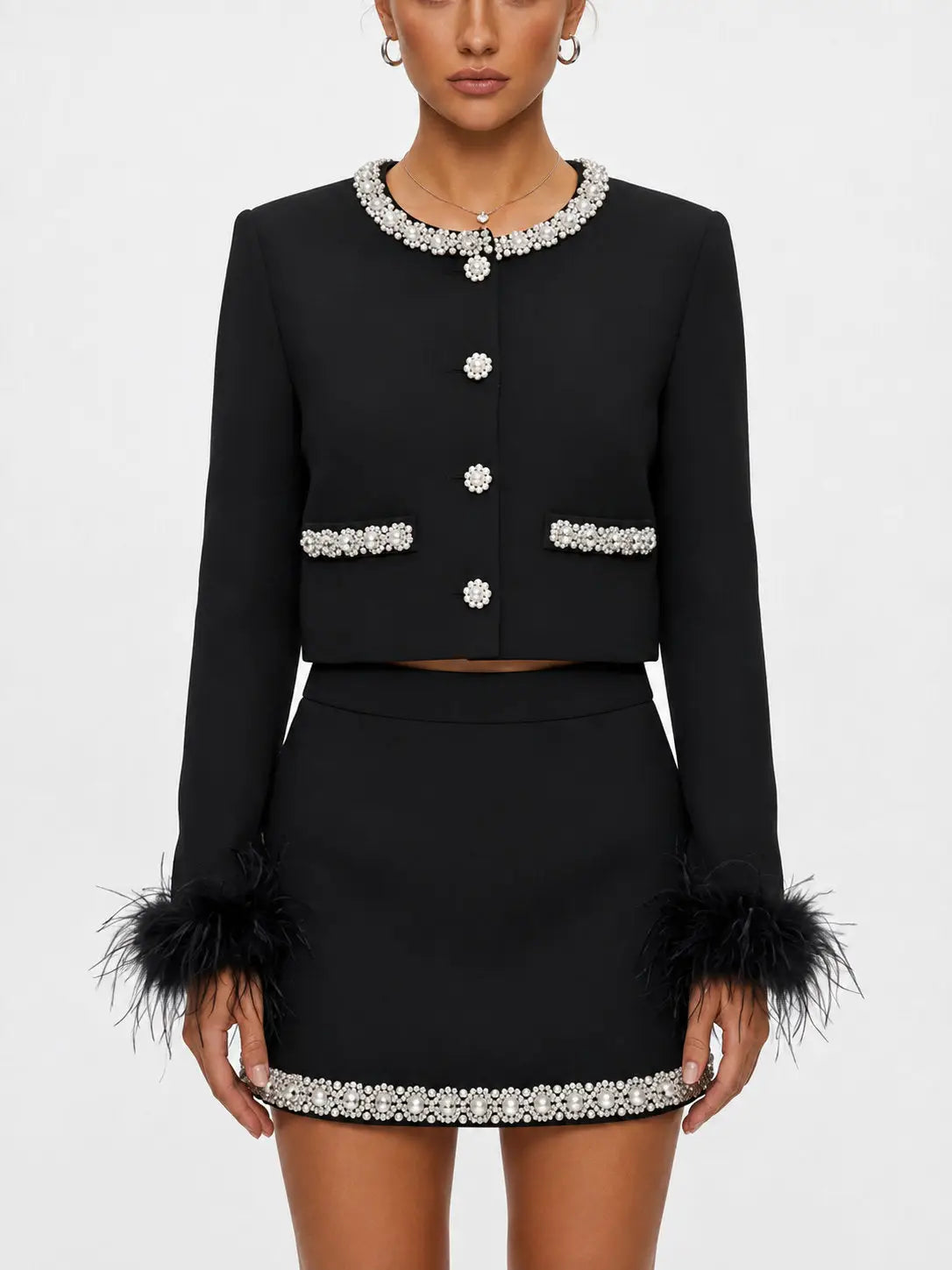 Rhinestone and Feather Trimmed Jacket and Skirt Set - Suits & Sets