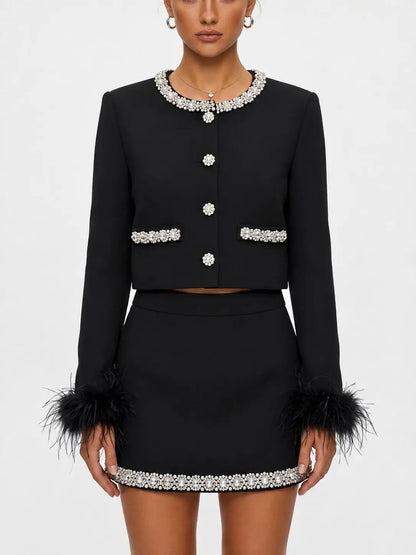 Rhinestone and Feather Trimmed Jacket and Skirt Set - Suits & Sets