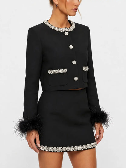 Rhinestone and Feather Trimmed Jacket and Skirt Set - Suits & Sets