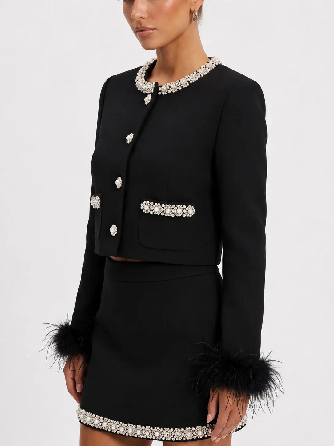 Rhinestone and Feather Trimmed Jacket and Skirt Set - Suits & Sets