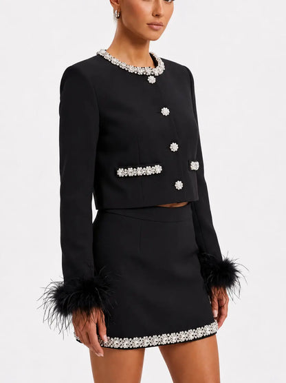 Rhinestone and Feather Trimmed Jacket and Skirt Set - Suits & Sets