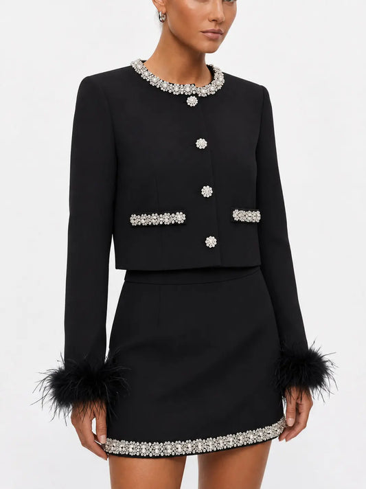 Rhinestone and Feather Trimmed Jacket and Skirt Set - Suits & Sets