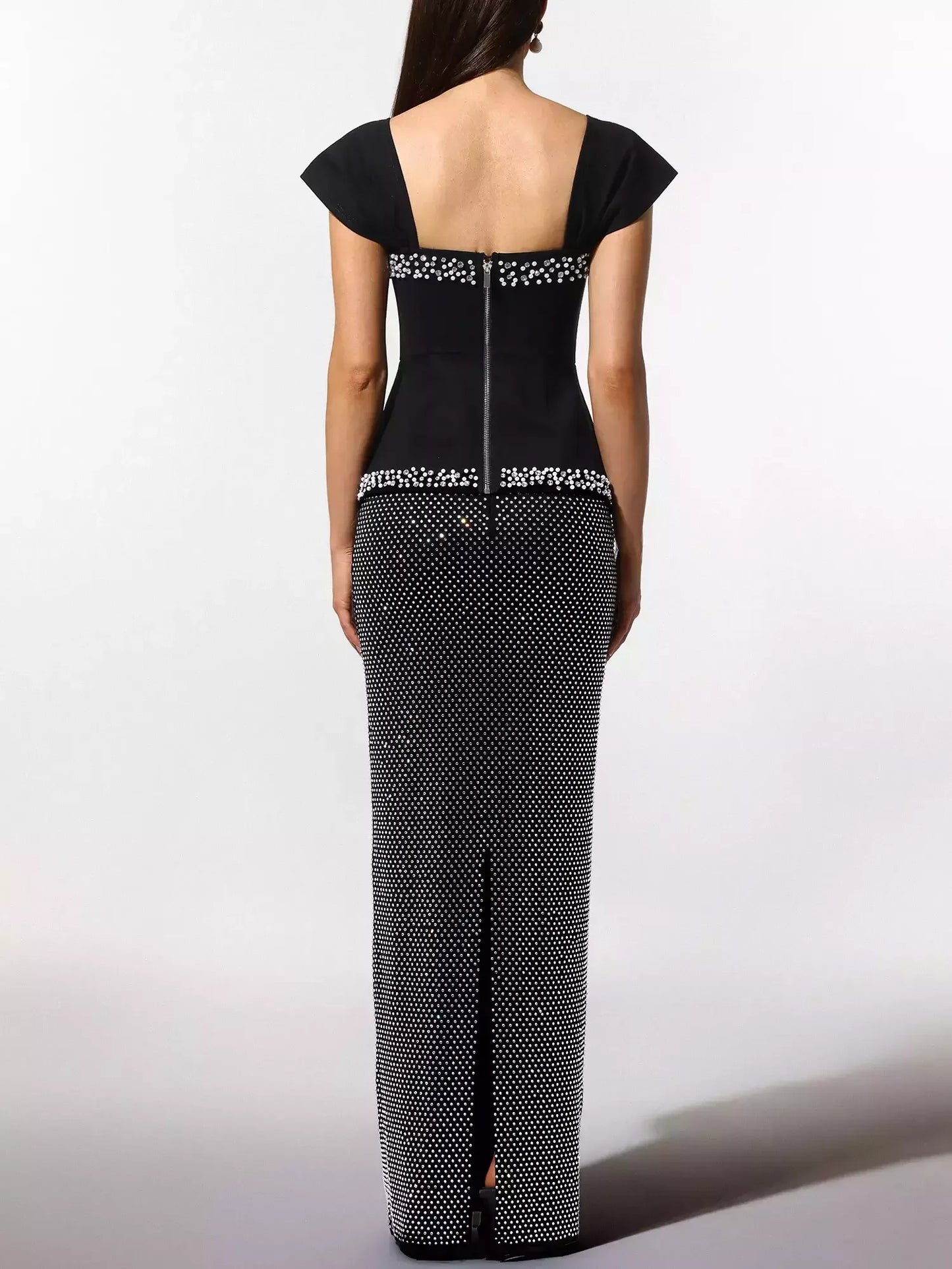 Rhinestone and Pearl Embellished Black Top and Skirt Set Suits & Sets