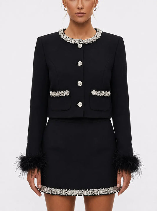 Rhinestone and Feather Trimmed Jacket and Skirt Set - Small / Black - Suits & Sets
