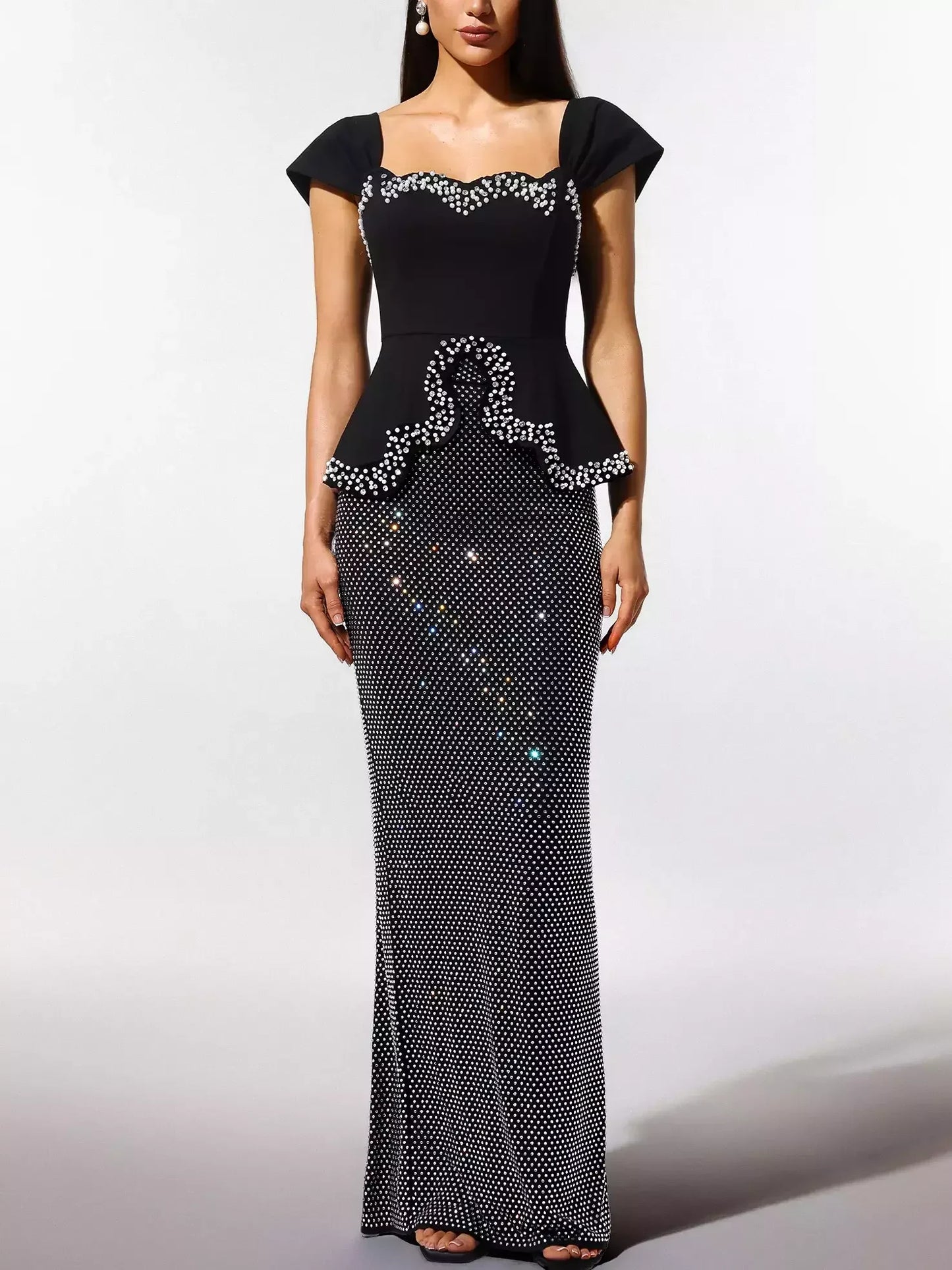 Rhinestone and Pearl Embellished Black Top and Skirt Set Suits & Sets