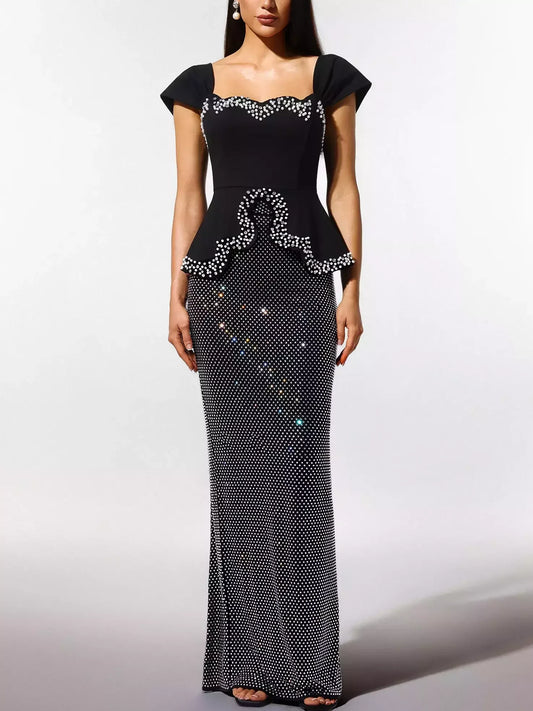 Rhinestone and Pearl Embellished Black Top and Skirt Set Suits & Sets