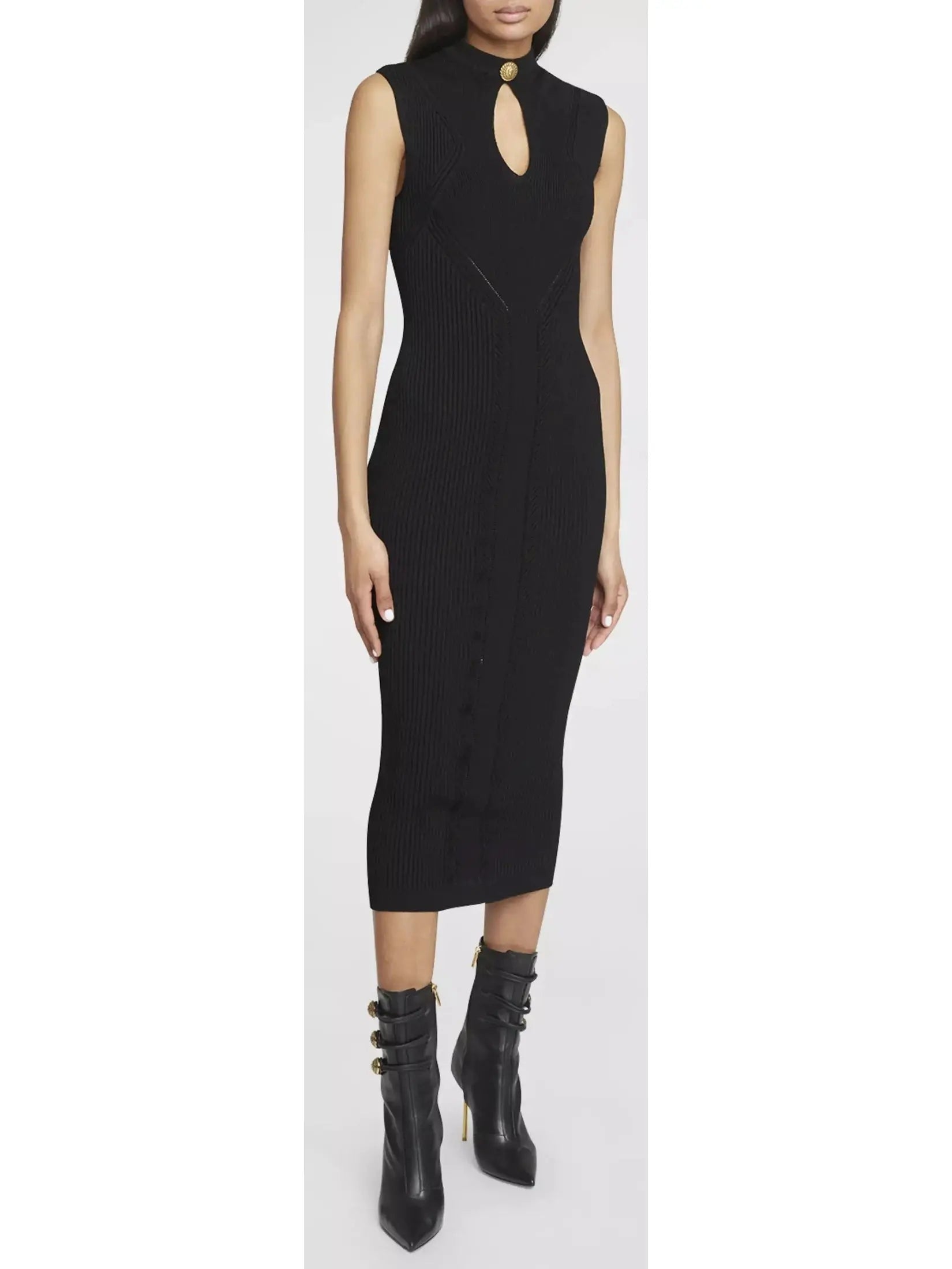 Ribbed-Knit Key-Hole Midi Dress in Black - Branna Couture