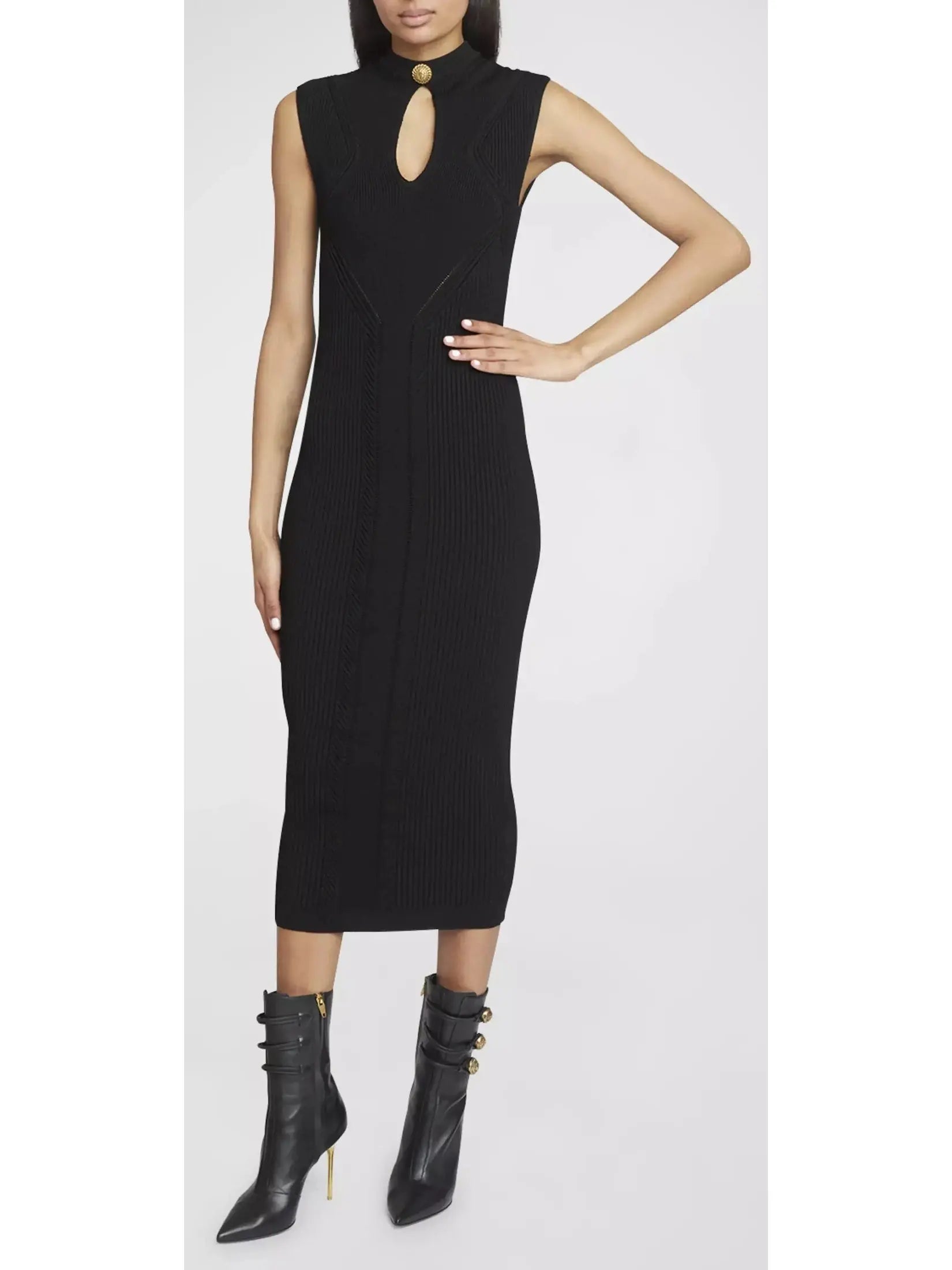 Ribbed-Knit Key-Hole Midi Dress in Black - Branna Couture