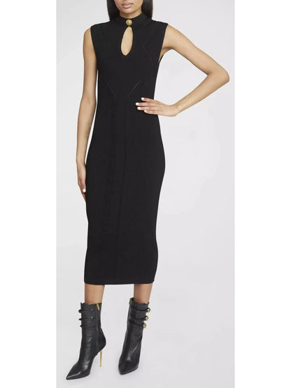 Ribbed-Knit Key-Hole Midi Dress in Black - Branna Couture