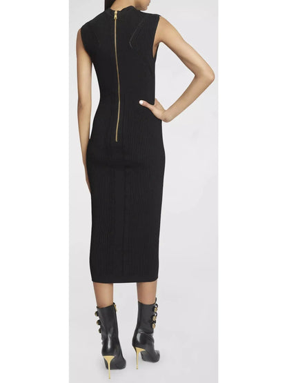 Ribbed-Knit Key-Hole Midi Dress in Black - Branna Couture