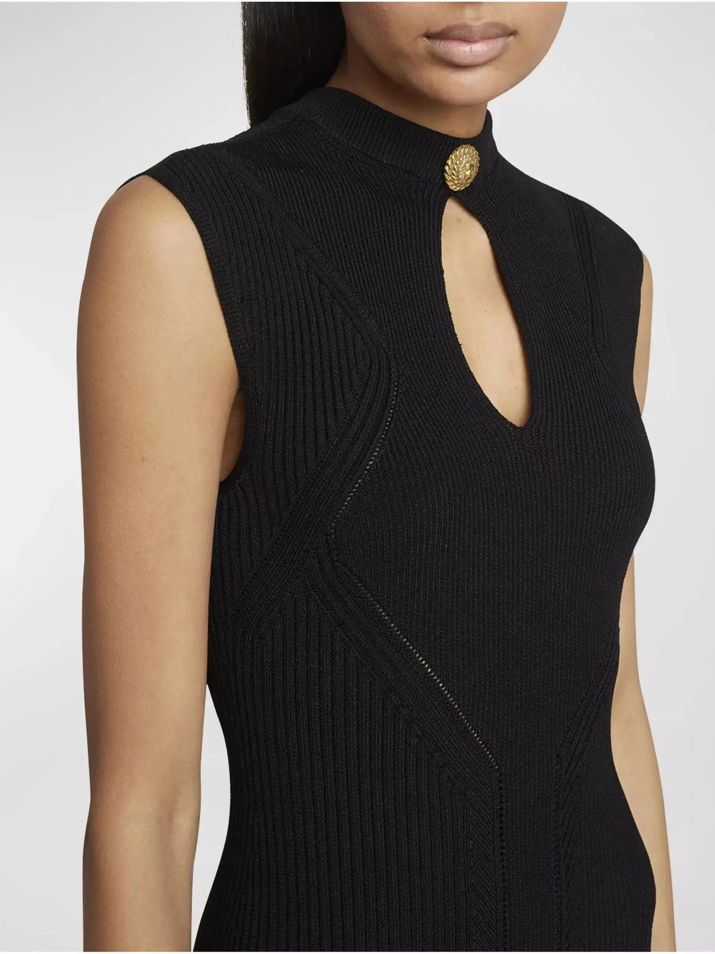 Ribbed-Knit Key-Hole Midi Dress in Black - Branna Couture