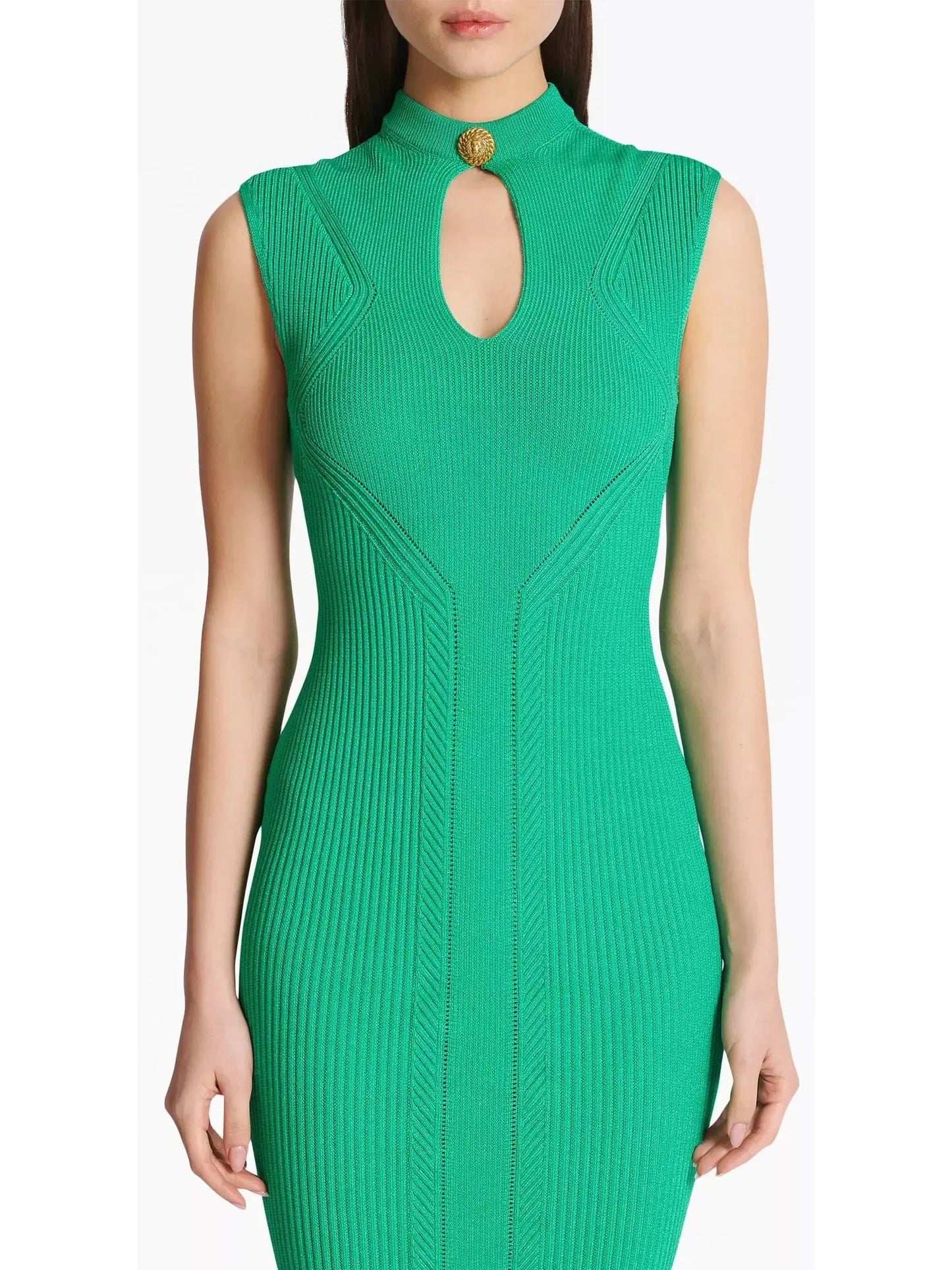 Ribbed-Knit Key-Hole Midi Dress in Green - Branna Couture