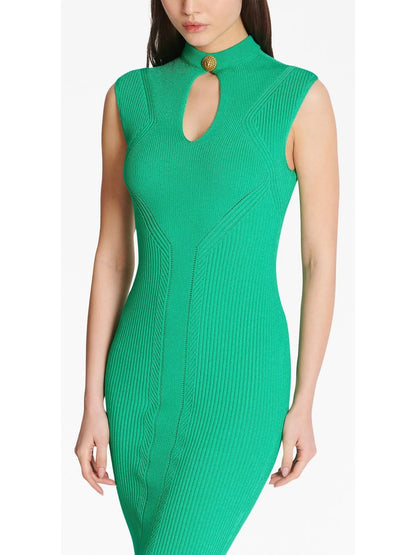 Ribbed-Knit Key-Hole Midi Dress in Green - Branna Couture