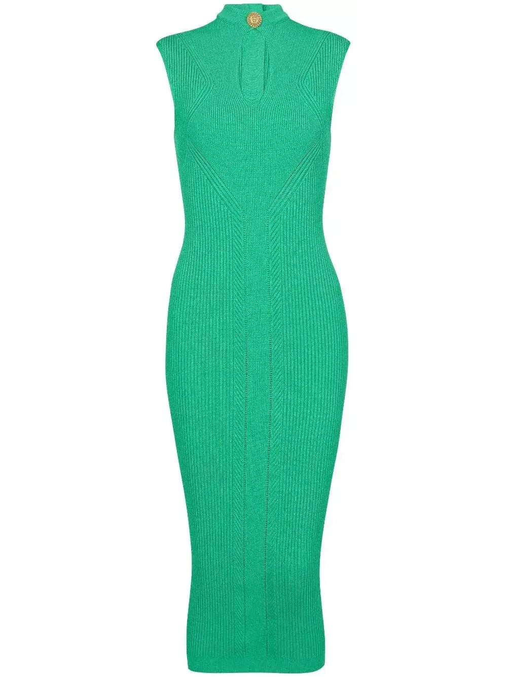 Ribbed-Knit Key-Hole Midi Dress in Green - Branna Couture