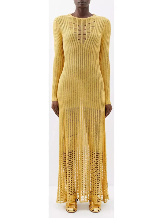 Ribbed-Knit Maxi Dress, Yellow - Branna Couture