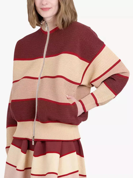 Ribbed Striped Mock-Neck Color-Block Cardigan Jacket - Branna Couture