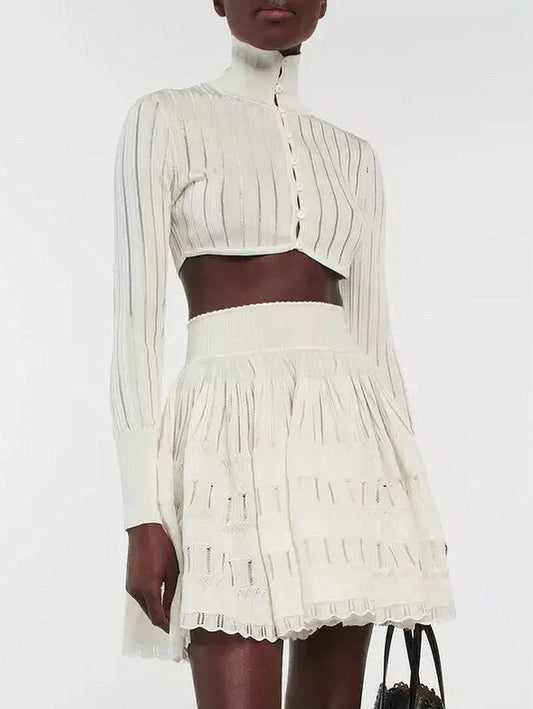 Ribbed Knit Cropped Cardigan Top - Small / White - Tops