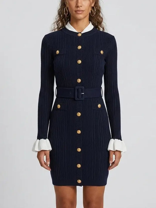 Ribbed Knit Gold-Button Long Sleeve Mini Dress - Small - Dresses