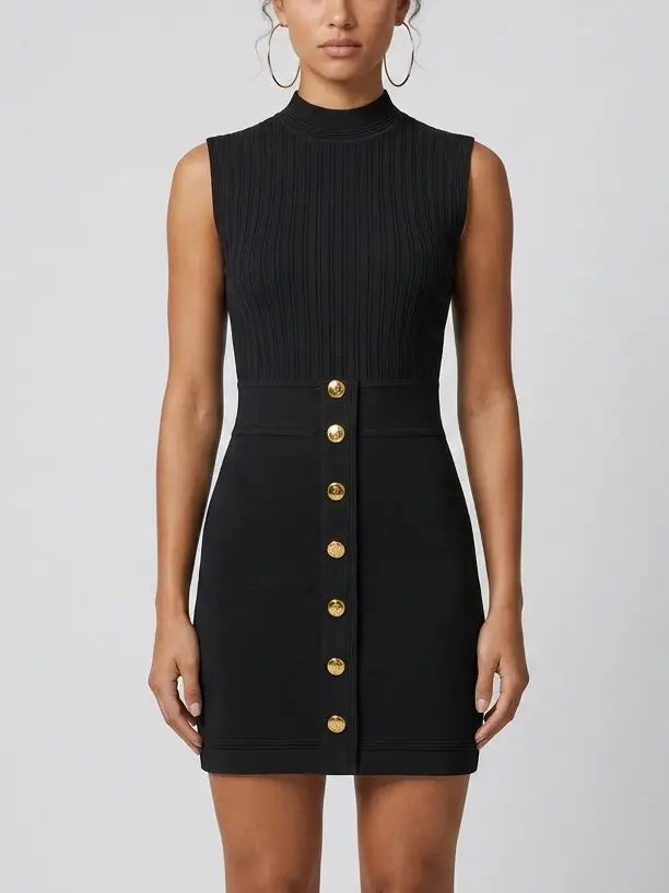 Ribbed Knit Gold-Button Sleeveless Mini Dress - S / Black - Dresses