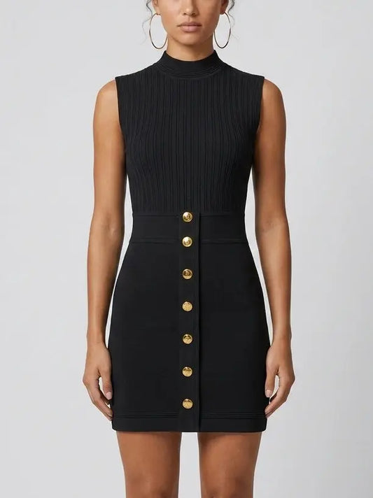 Ribbed Knit Gold-Button Sleeveless Mini Dress - S / Black - Dresses
