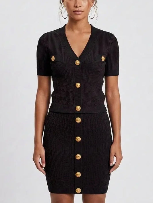 Ribbed Knit Gold-Button Top and Skirt Set - S / Black - Suits & Sets