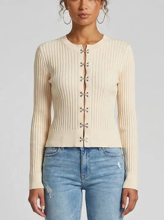 Ribbed Knit Hook Front Top - Small / Cream - Tops