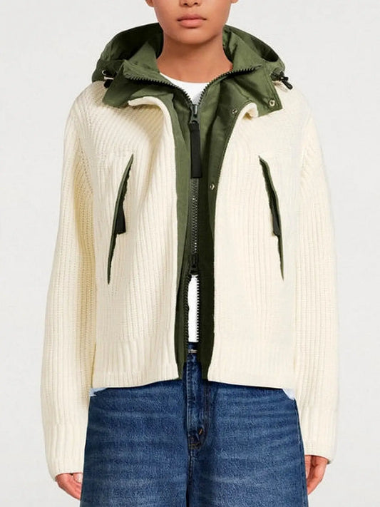 Ribbed Knit Layered-Effect Two-Tone Cardigan Jacket - Small - Jackets