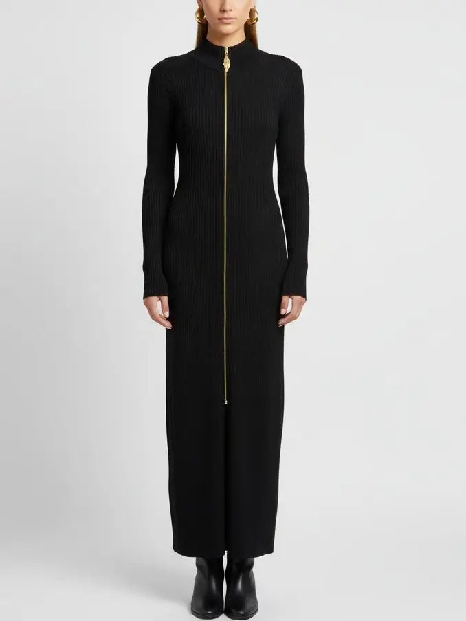 Ribbed Knit Maxi Dress with Gold Front Zip in Black - Small - Dresses