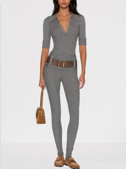 Ribbed Polo Bodysuit and Matching Belted Pant Set - Small - Suits & Sets