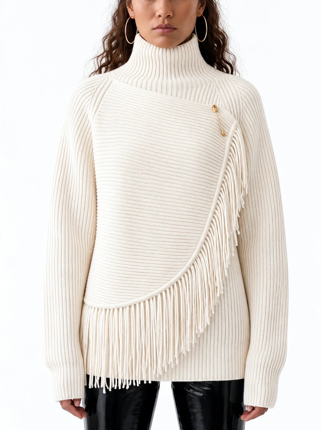 Ribbed Turtleneck Wool Sweater with Fringed Wrap Panel - Small / Cream - Sweaters & Knitwear