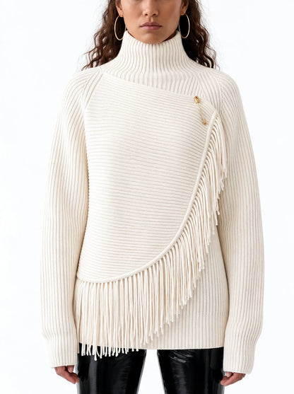 Ribbed Turtleneck Wool Sweater with Fringed Wrap Panel - Small / Cream - Sweaters & Knitwear
