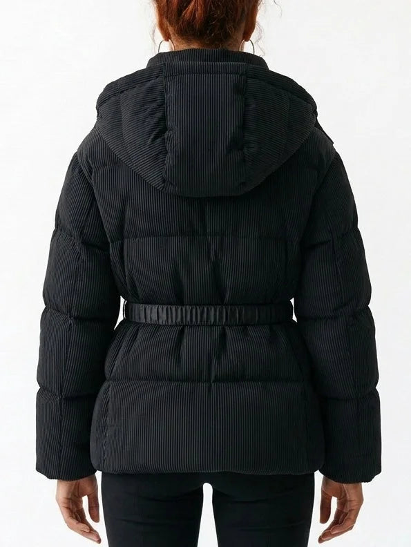 High-Collar Vegan Leather Padded Jacket in Black - Jackets