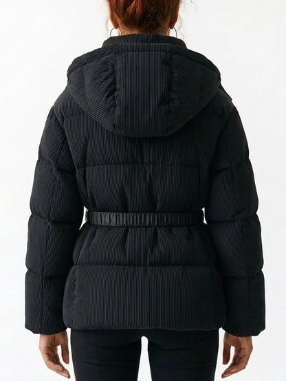 High-Collar Vegan Leather Padded Jacket in Black - Jackets
