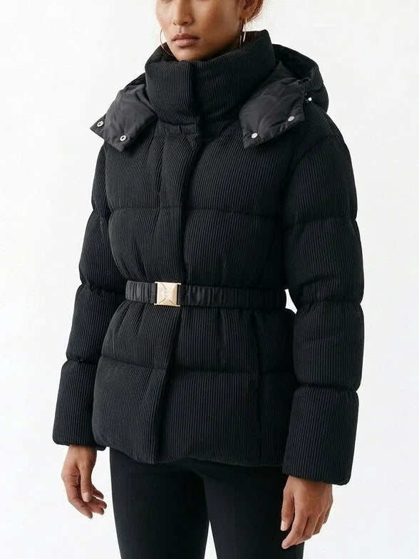 High-Collar Vegan Leather Padded Jacket in Black - Jackets