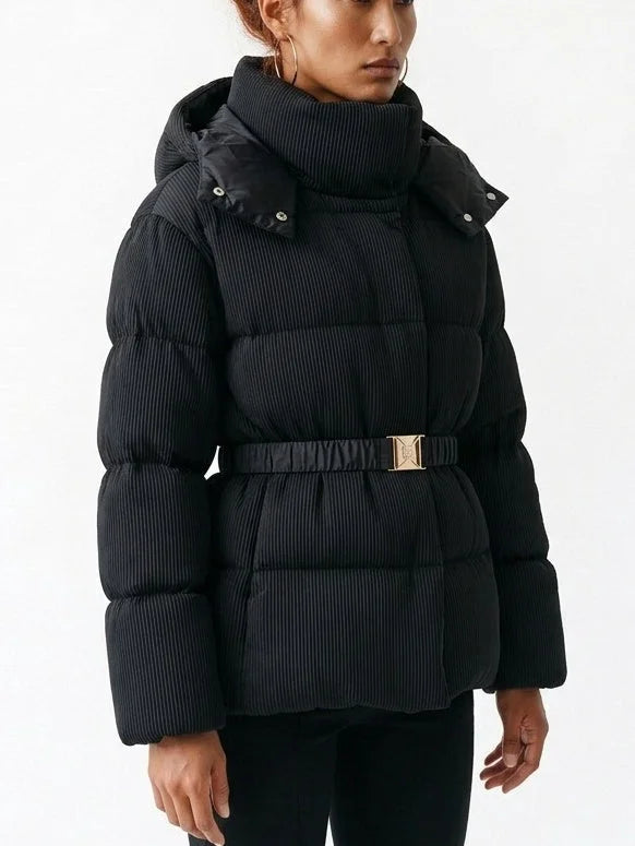 High-Collar Vegan Leather Padded Jacket in Black - Jackets