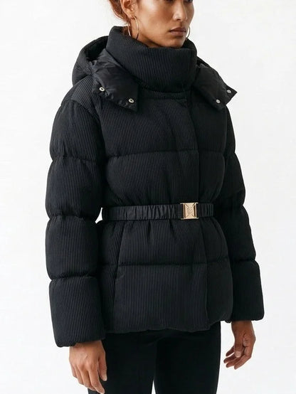 High-Collar Vegan Leather Padded Jacket in Black - Jackets