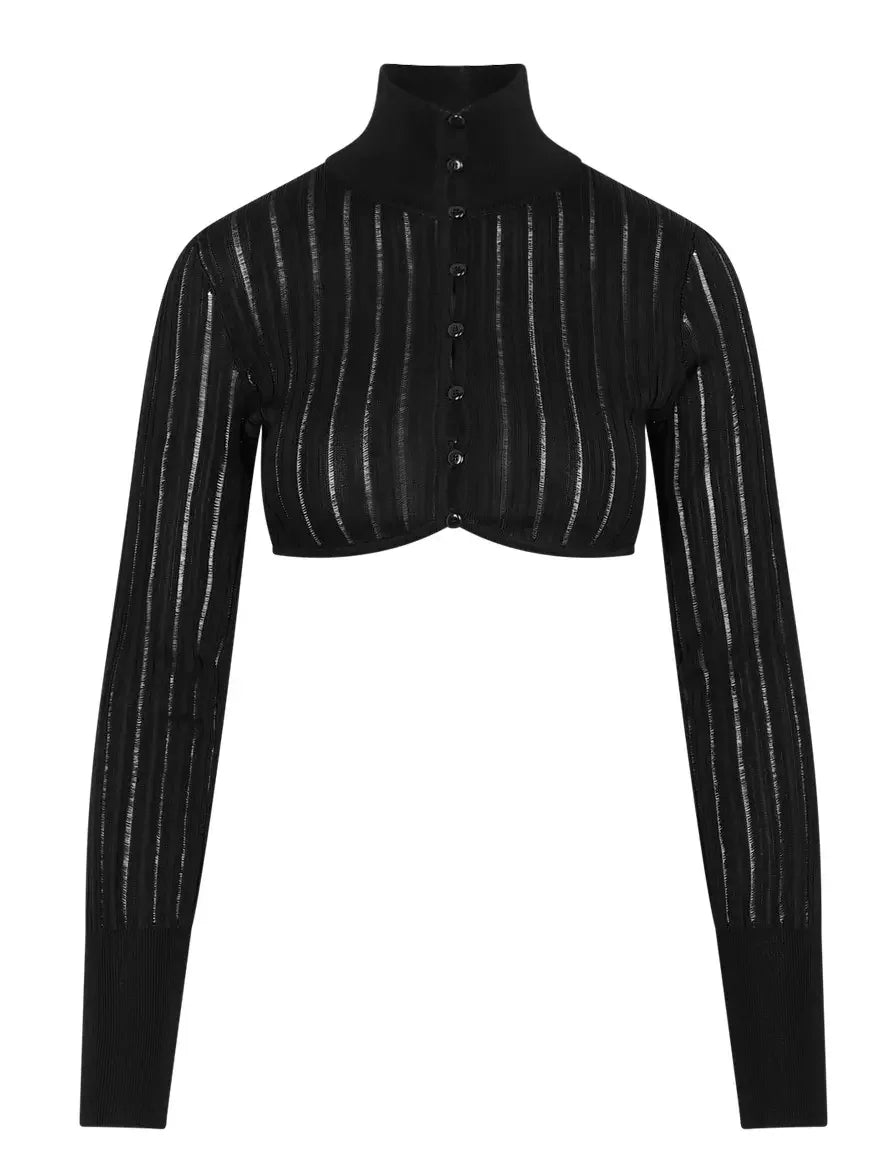 Ribbed Knit Cropped Cardigan Top - Small / Black - Tops