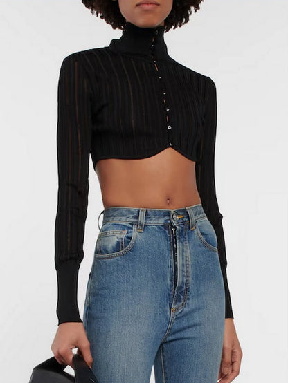 Ribbed Knit Cropped Cardigan Top - Large / Black - Tops