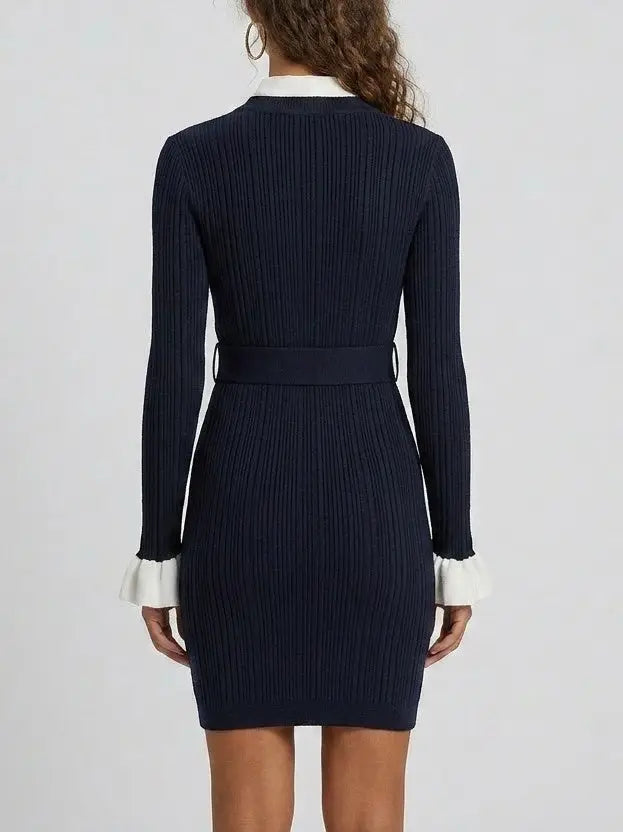 Ribbed Knit Gold-Button Long Sleeve Mini Dress - Dresses