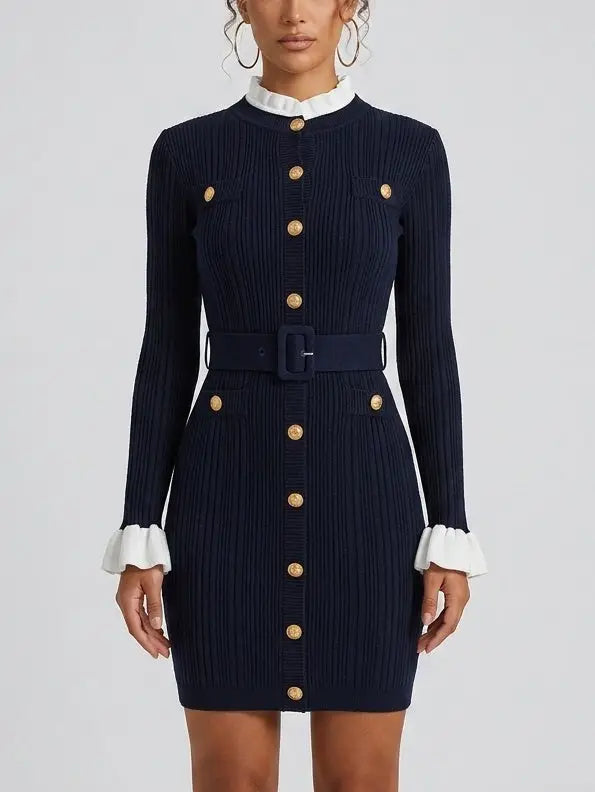 Ribbed Knit Gold-Button Long Sleeve Mini Dress - Dresses